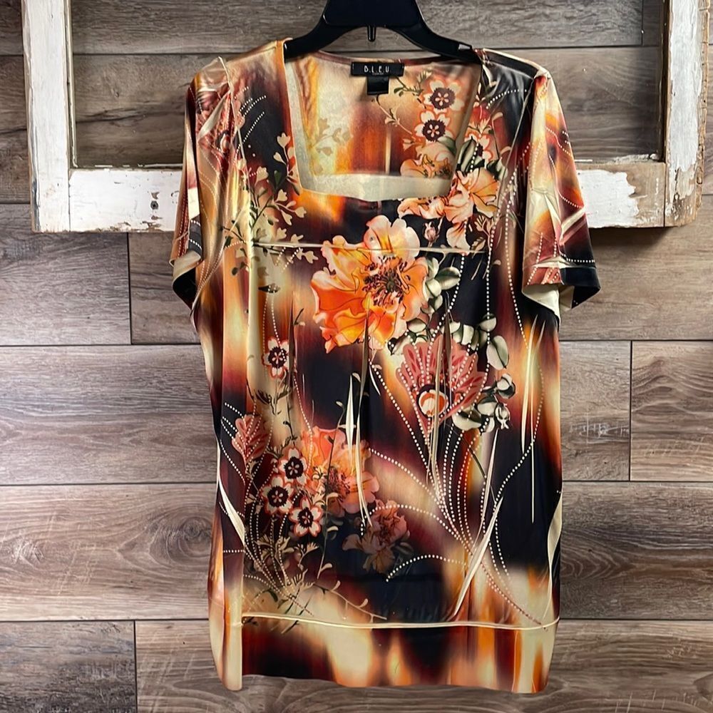 B.L.E.U Ladies Fall Floral Boho Squared Neck Blouse Sz 18/20 Brown Multicolor